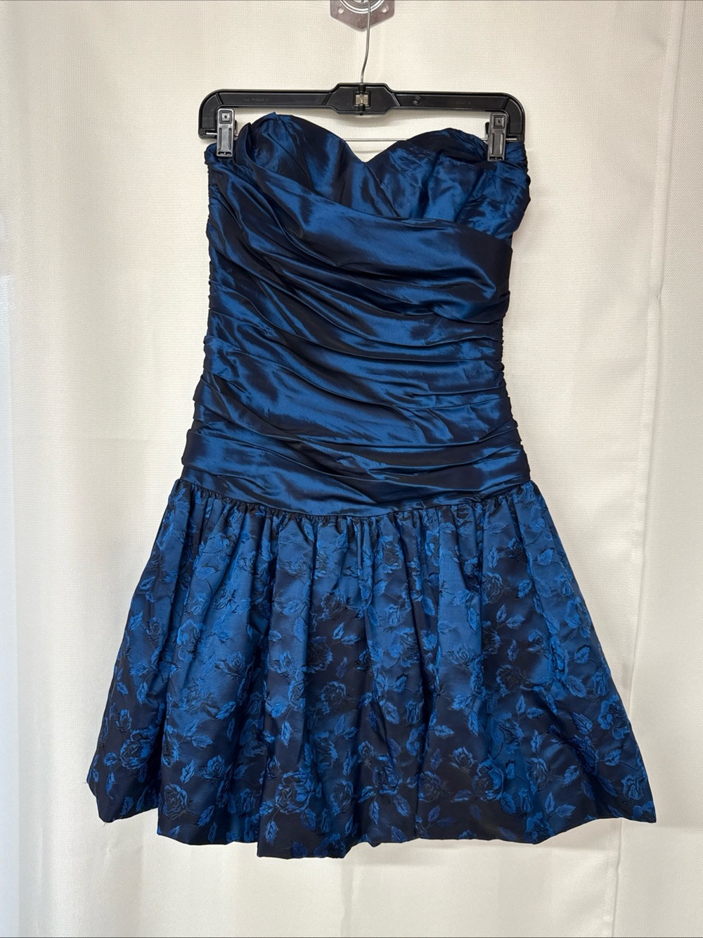 VTG 80s Positively Ellyn Satin Jacquard Strapless‎ Bubble Hem Dress Sz 9/10 Blue